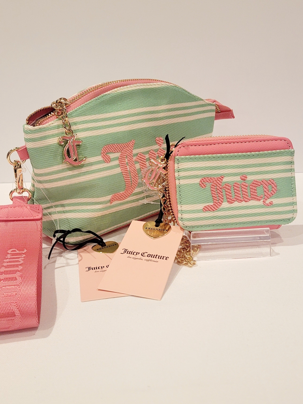 Juicy Couture Mint & Pink Stripe Cosmetic Pouch + Card Case
